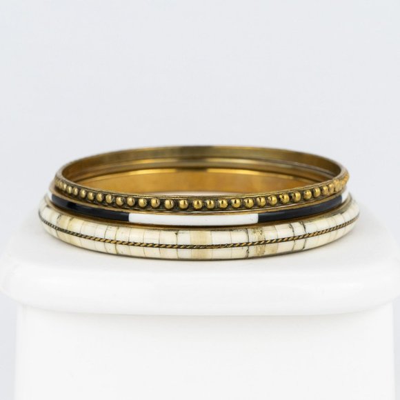 COPY - Lot of 3 Bangle Bracelets Boho Brass Inlaid Bone Black White Enamel Text… - Picture 4 of 9